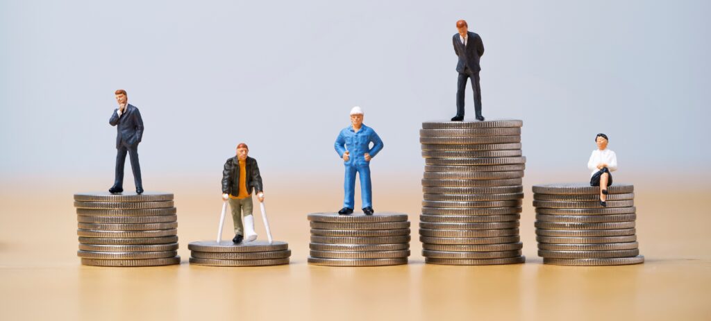 Five Miniature figure in each career standing to different high and low coins stacking for variation of income or salary in each job concept.